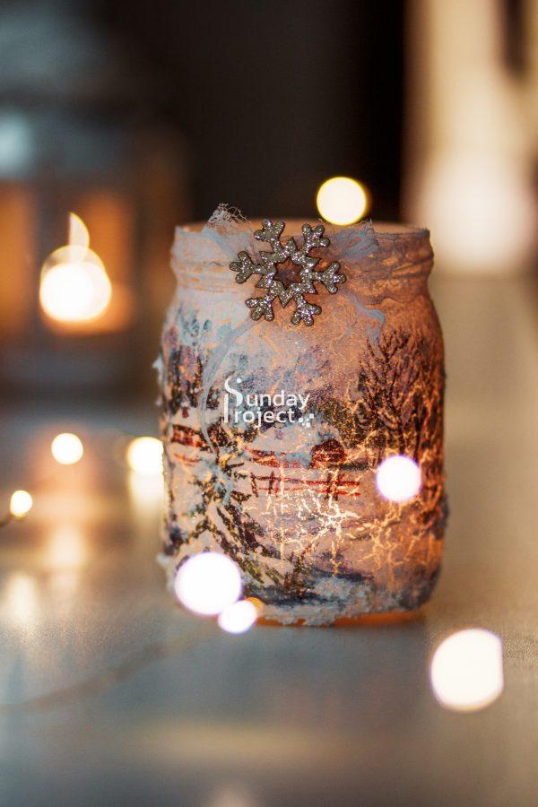lampion ze słoika ze śniegiem lampion