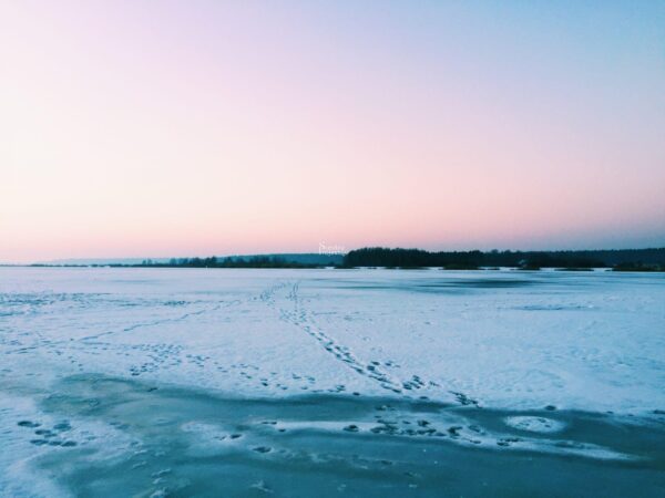 różowy zachód słońca w zimie, zamarznięty zalew, Sawin Różowe niebo, zachód słońca w zimie, zamarznięty zalew