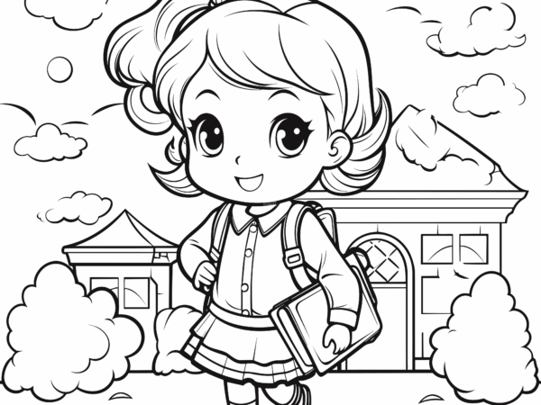 dziecko kolorowanka grafika do pobrania dziecko idzie do szkoły, dziewczynka z plecakiem