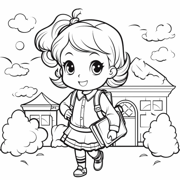 dziecko kolorowanka grafika do pobrania dziecko idzie do szkoły, dziewczynka z plecakiem