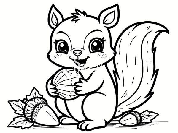 Słodka wiewiórka trzymająca orzeszek kolorowanka, zwierzęta, jesień kolorowanka do pobrania jesien dla dzieci, zwierzaki, jesień