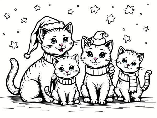 Świąteczna kocia rodzina w czapkach i szalikach kolorowanka dla dzieci do pobrania, święta, Boże Narodzenie