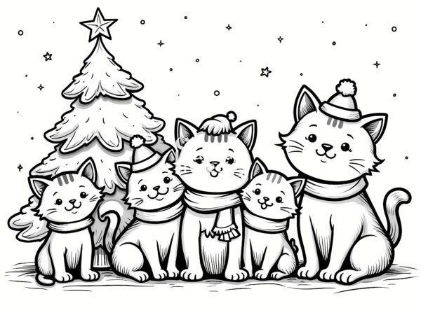 kocia rodzinka przy choince kolorowanka święta zwierzaki Boże Narodzenie kolorowanka dla dzieci Boże Narodzenie do pobrania świąteczna koty
