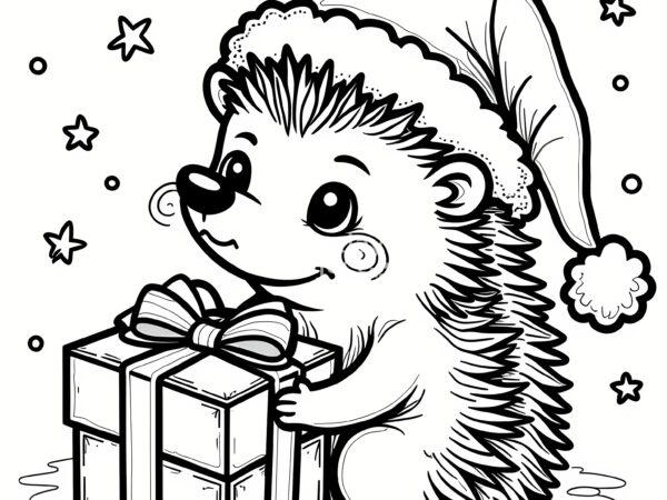 kolorowanka święta, Boże Narodzenie, Mały jeżyk w czapce Świętego Mikołaja z prezentem świąteczna kolorowanka do pobrania dla dzieci Boże Narodzenie