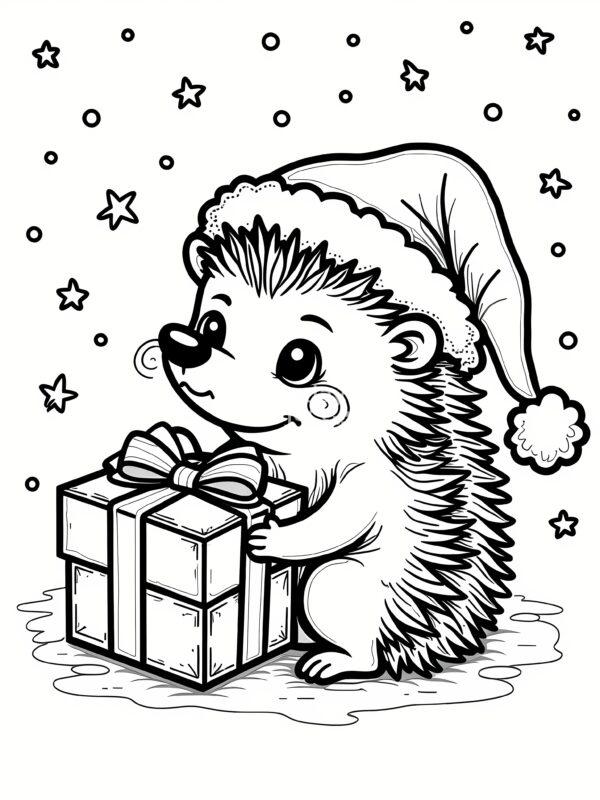 kolorowanka święta, Boże Narodzenie, Mały jeżyk w czapce Świętego Mikołaja z prezentem świąteczna kolorowanka do pobrania dla dzieci Boże Narodzenie