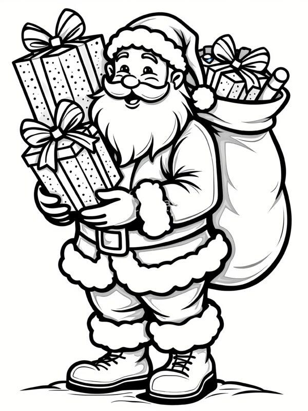 kolorowanka święta, Boże Narodzenie, Mikołaj niesie worek z prezentami kolorowanka dla dzieci mikołaj z prezentami kolorowanka