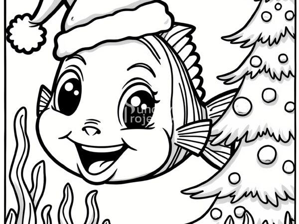kolorowanka święta, Boże Narodzenie, Radosna rybka w czapce Świętego Mikołaja, pływająca obok udekorowanej podwodnej choinki kolorowanka świąteczna do pobrania rybka