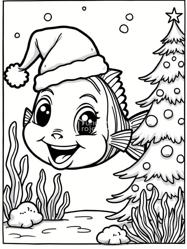 kolorowanka święta, Boże Narodzenie, Radosna rybka w czapce Świętego Mikołaja, pływająca obok udekorowanej podwodnej choinki kolorowanka świąteczna do pobrania rybka