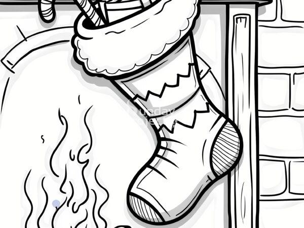 Świąteczna skarpeta przy kominku, z prezentami kolorowanka świąteczna skarpeta, Boże Narodzenie kolorowanka