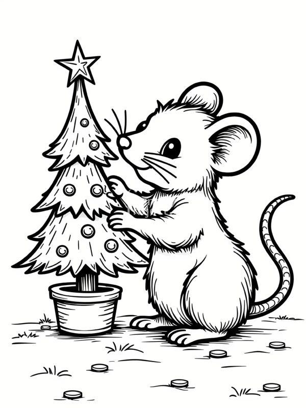 kolorowanka zwierzaki, choinka, święta, Boże Narodzenie kolorowanka myszka i choinka