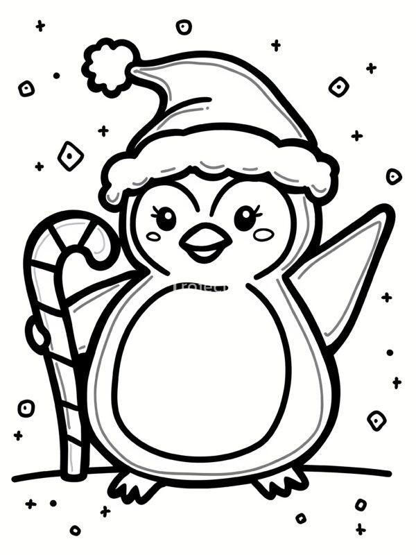kolorowanka zima, święta, Boże Narodzenie, pingwin w czapce Świętego Mikołaja trzymający laskę cukrową (1) kolorowanka do pobrania pingwin zima zwierzaki