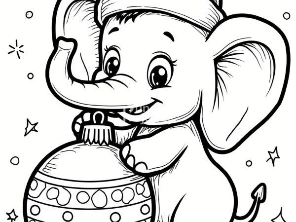 Boże Narodzenie kolorowanka, Uroczy słoń w czapce Świętego Mikołaja, trzymający dużą świąteczną bombkę (1) zwięrzątka na święta kolorowanka