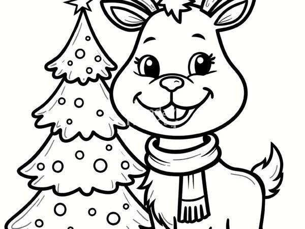 Święta, Boże Narodzenie, Uśmiechnięty renifer w świątecznym szaliku, stojący obok choinki renifer przy choince kolrowanka do pobrania