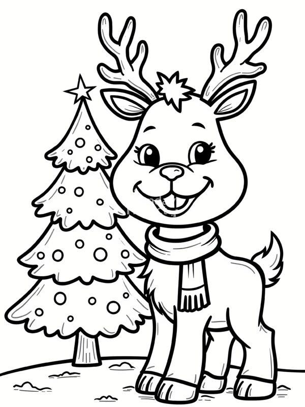 Święta, Boże Narodzenie, Uśmiechnięty renifer w świątecznym szaliku, stojący obok choinki renifer przy choince kolrowanka do pobrania