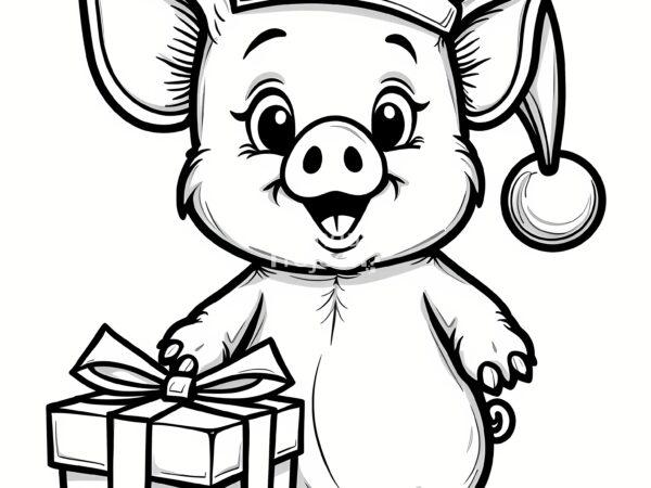 kolorowanka do pobrania Wesoła świnka w czapce Świętego Mikołaja, stoi obok zapakowanego prezentu