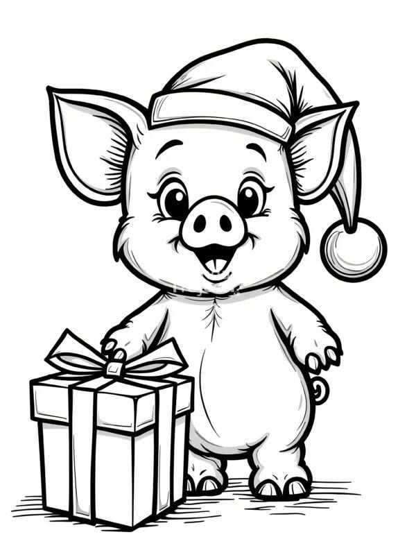 kolorowanka święta, Boże Narodzenie, świnka w czapce Świętego Mikołaja, stoi obok zapakowanego prezentu kolorowanka do pobrania Wesoła świnka w czapce Świętego Mikołaja, stoi obok zapakowanego prezentu