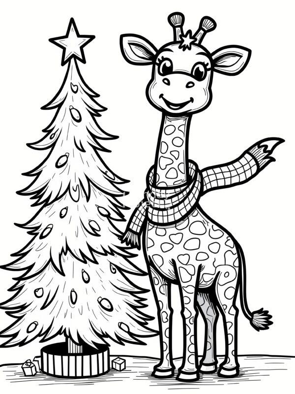 Żyrafa w szaliku stoi przy choince kolorowanka na święta