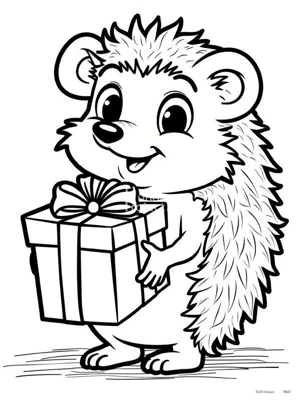 jeż trzyma prezent świąteczny, święta, Boże Narodzenie kolorowanka świąteczna kolorowanka do pobrania