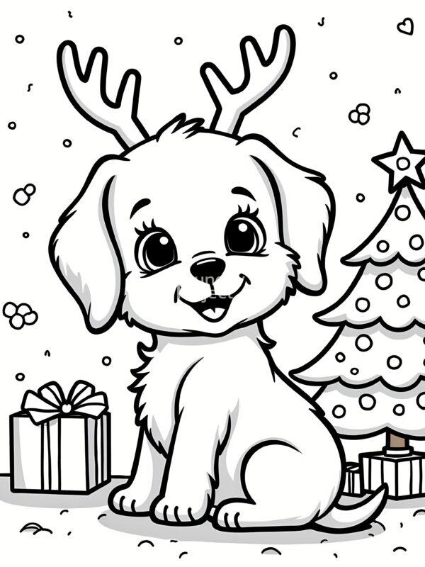 święta, Boże Narodzenie, mały piesek z choinką i prezentem zwierzaki święta, Boże Narodzenie mały piesek z prezentem pod choinką kolorowanka do pobrania