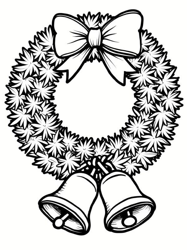 święta, świąteczny wieniec z dużą kokardą na górze i dzwoneczkami wieniec świąteczny kolorowanka do pobrania, Boże Narodzenie,