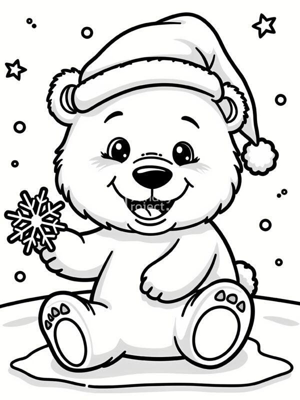 kolorowanka święta, zima, Boże Narodzenie, niedźwiedź polarny w czapce Mikołaja, trzymający śnieżynkę (1) niedźwiadek miś kolorowanka świąteczna, zima