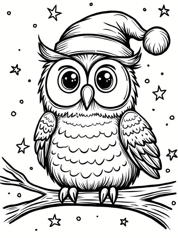 kolorowanka święta, zima, Boże Narodzenie, Sowa na gałęzi w czapce Świętego Mikołaja kolorowanka Boże Narodzenie sowa w czapce zima kolorowanka do pobrania