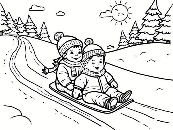 Zabawy zimowe, dzieci zjeżdżają na sankach, zima, ferie kolorowanka zima do pobrania, sanki