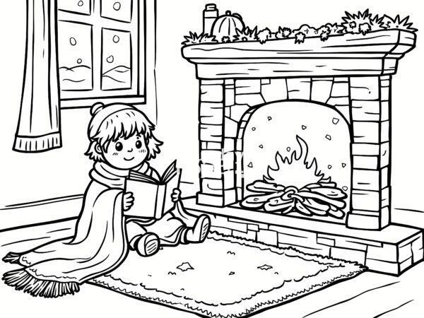 Zimowy wieczór z książką przy kominku kolorowanka zimowy wieczór