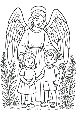 kolorowanka Anioł Stróż z Dziećmi w Ogrodzie kolorowanka do pobrania religijna anioł stróż z dziecmi