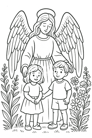 kolorowanka do pobrania religijna anioł stróż z dziecmi