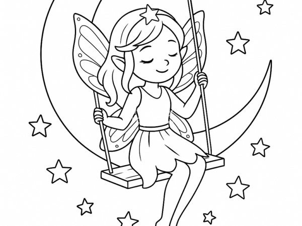 kolorowanka Bajkowa wróżka na księżycu Kolorowanka dla dzieci do pobrania - wróżka, elf, dzwoneczek