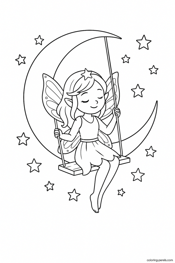kolorowanka Bajkowa wróżka na księżycu Kolorowanka dla dzieci do pobrania - wróżka, elf, dzwoneczek