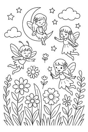 kolorowanka Bajkowe wróżki na tle nieba kolorowanka dla dzieci do pobrania wróżki