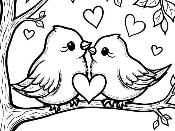 Dwa urocze ptaszki zakochane siedzące na gałęzi, z sercem pomiędzy nimi kolorowanka do pobrania na walentynki za darmo dwa zakochane ptaszki