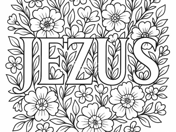 Jezus otoczony kwiatami i liśćmi Kolorowanka dla dzieci religijna - imię Jezus