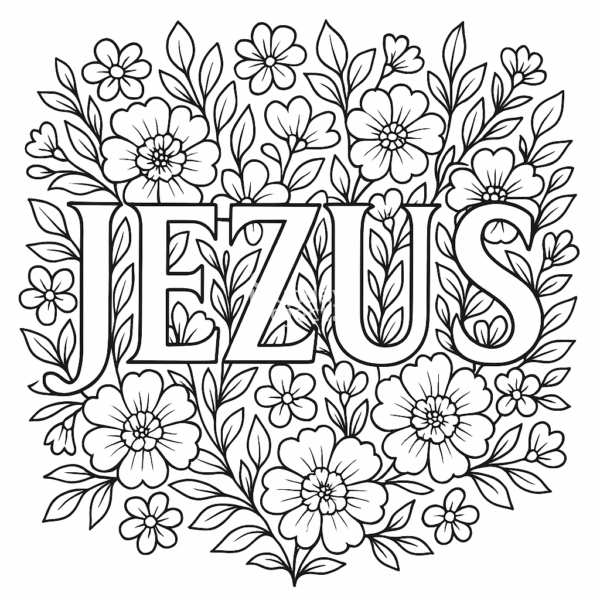 Jezus otoczony kwiatami i liśćmi Kolorowanka dla dzieci religijna - imię Jezus
