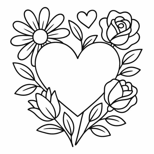Serce otoczone kwiatami kolorowanka laurka na dzień mamy serce