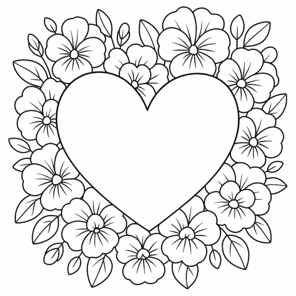 Serce otoczone kwiatami i liśćmi serce laurka do pobrania kolorowanka dla dzieci dzień mamy dzień babci