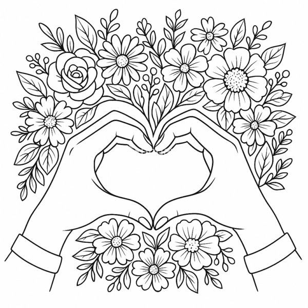 Serce wśród kwiatów i liści kolorowanka na dzień mamy, dzień babci kolorowanka dla dzieci laurka do pobrania serce ułożone w kształt serca kolorowanka na dzień mamy