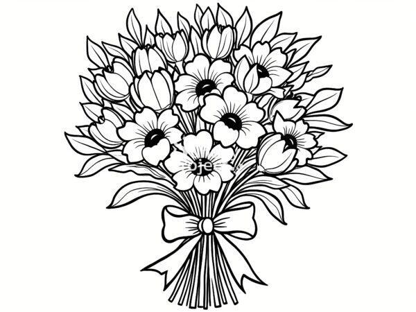 duży bukiet kwiatów przewiązany wstążką kolorowanka di druku do pobrania bukiet kwiatów