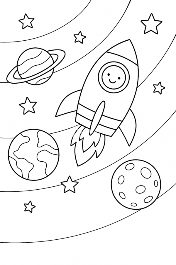 Kolorowanka dla dzieci kosmos, rakieta kosmiczna