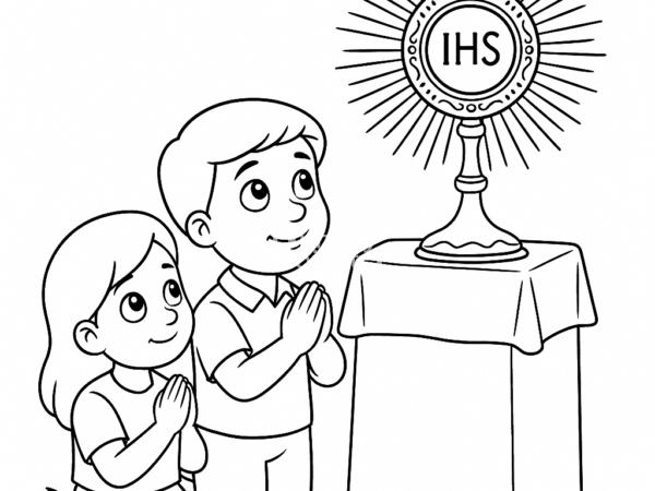 kolorowanka religijna Modlitwa przed monstrancją Kolorowanka dla dzieci religijna - Modlitwa dzieci, Pan Jezus w Najświętszym Sakramencie