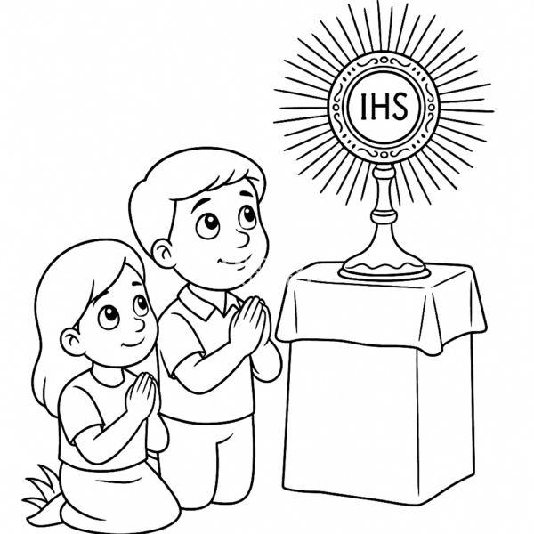 Kolorowanka dla dzieci religijna - Modlitwa dzieci, Pan Jezus w Najświętszym Sakramencie