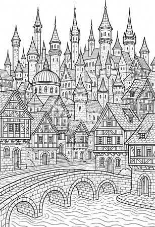 Kolorowanka szczegółowa do pobrania - zamek, średniowieczne miasto
