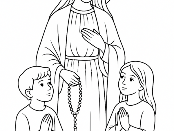 Maryja i różaniec kolorowanka dla dzieci religijna Kolorowanka dla dzieci religijna - Maryja z różańcem i dziećmi, Fatima
