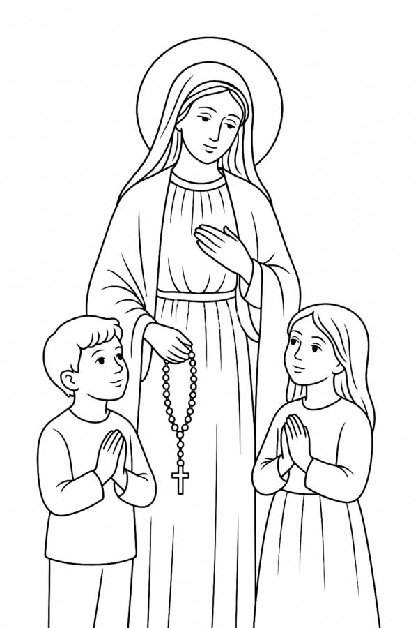 Kolorowanka dla dzieci religijna - Maryja z różańcem i dziećmi, Fatima
