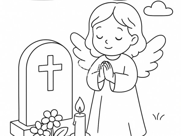 zaduszki, anioł na cmentarzu kolorowanka kolorowanka dla dzieci zaduszki, święto zmarłych, wszystkich świętych, groby