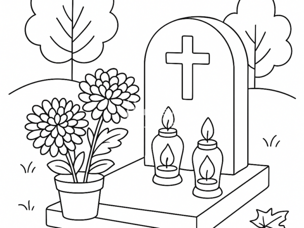 cmentarz kolorowanka święto zmarłych, zaduszki kolorowanka dla dzieci wszystkich świętych, cmentarz