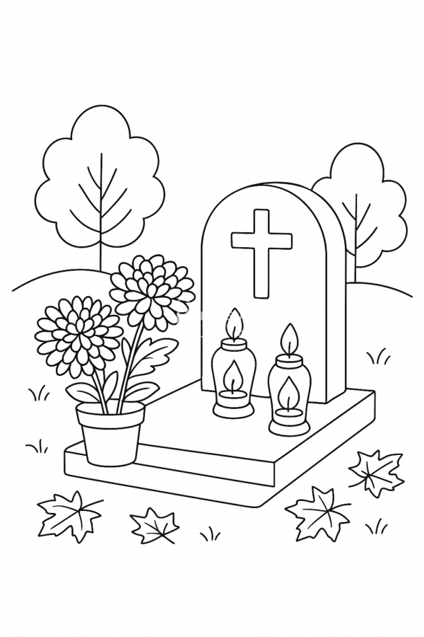 kolorowanka dla dzieci wszystkich świętych, cmentarz