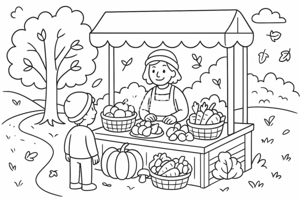 kolorowanka dla dzieci bazar jesień owoce i warzywa